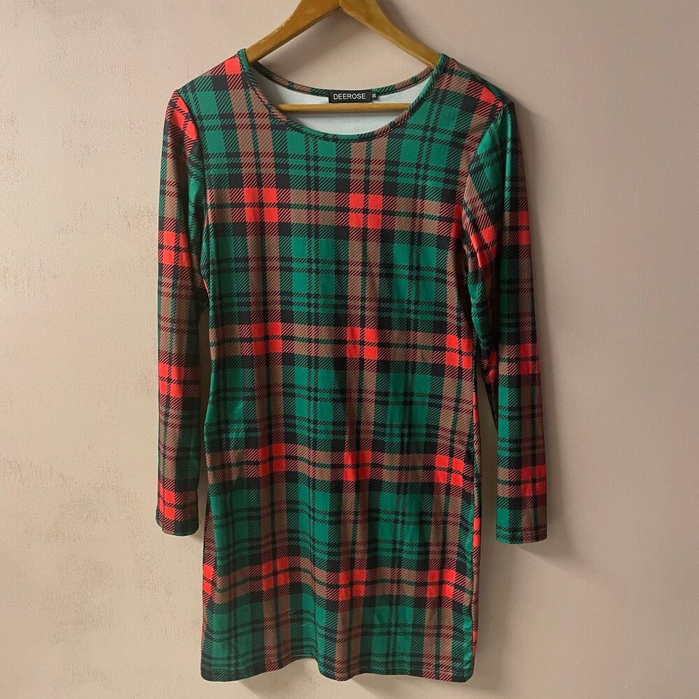 Deer Rose Green & Red Plaid Bodycon Mini Dress Size M GUC - Picture 3 of 10